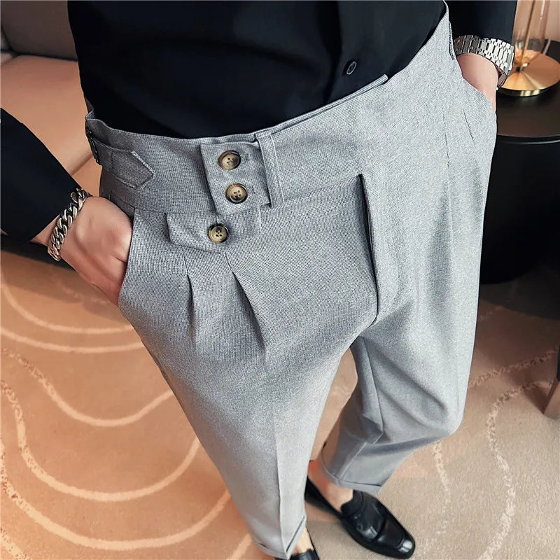 British Style Spring New Solid Business Casual Suit Pants High Waist Button Men Pants High Quality Office