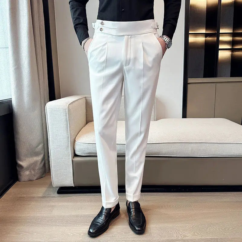 British Style Neapolitan High Quality Men's Slim Fit Business Office Solid Color Social Wedding Suit Pants