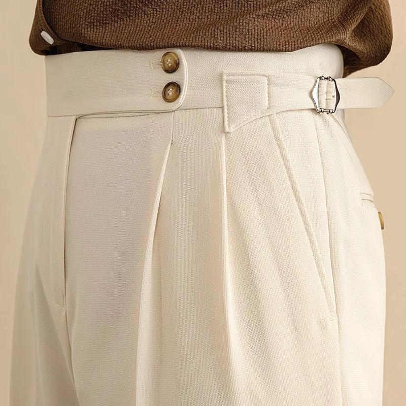 High Waist Straight Leg Men's Casual Pants Business Paris Buckle Long Trousers Naples Gentleman West Pants