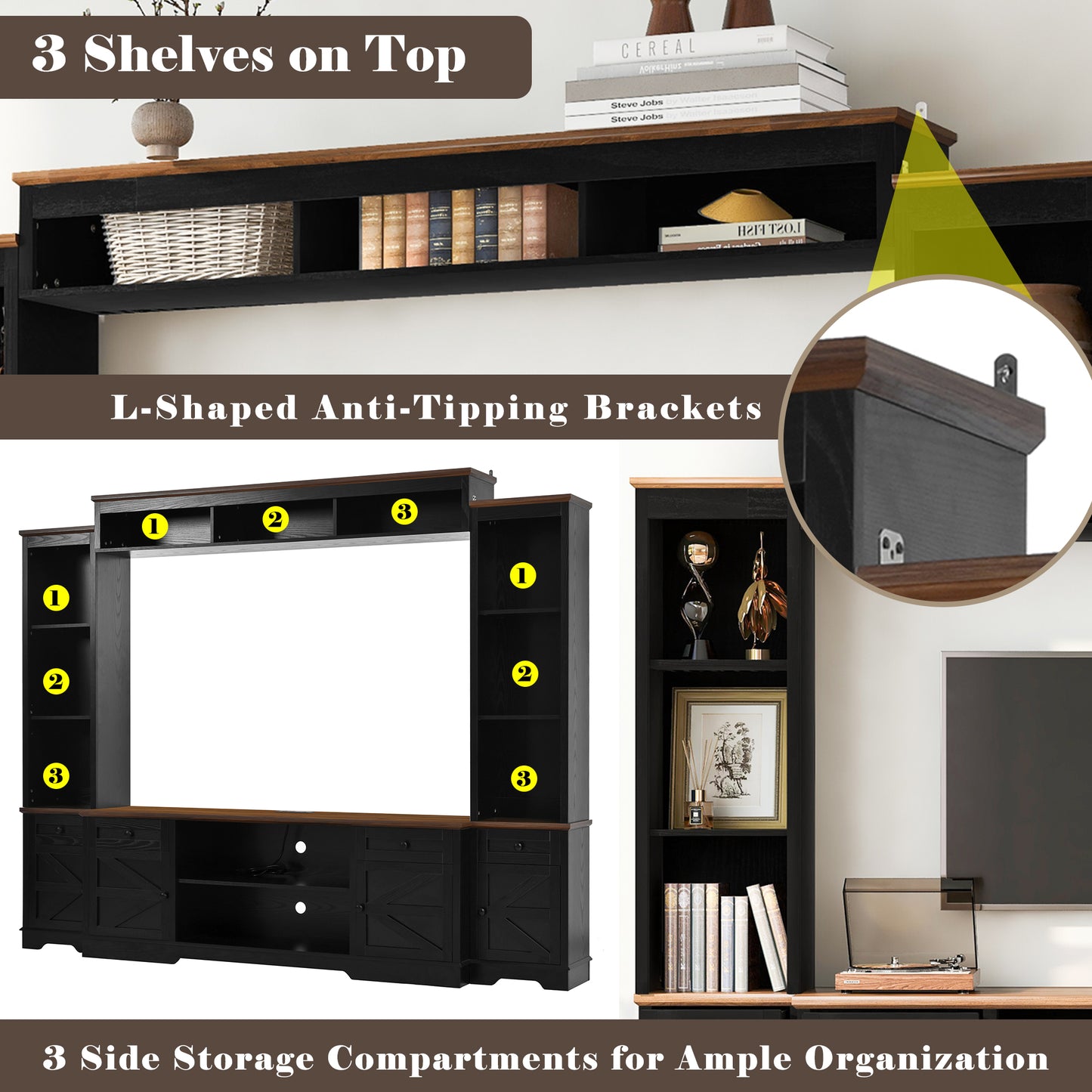 U-Can 98.8 W Wall Unit Entertainment Center With Bookshelves For TVs Up To 80, Modern TV Stand Media Console With Cabinets And Adjustable Shelves For Living Room