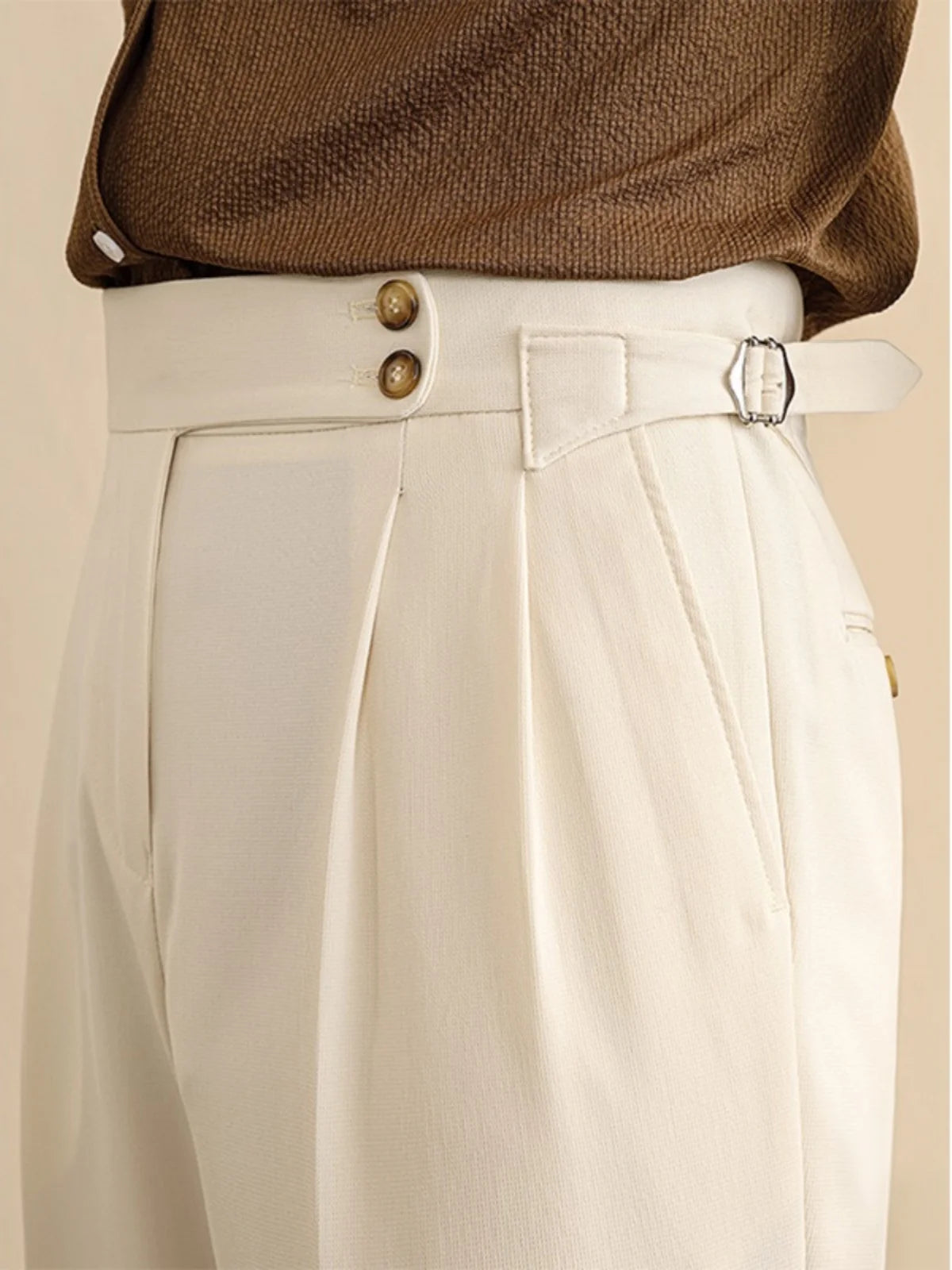 High Waist Straight Leg Men's Casual Pants Business  Paris Buckle Long Trousers Naples Gentleman  West Pants