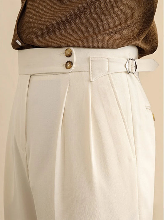 High Waist Straight Leg Men's Casual Pants Business  Paris Buckle Long Trousers Naples Gentleman  West Pants