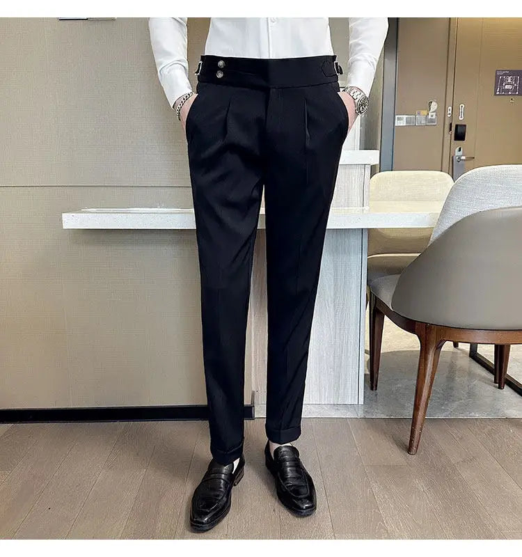 British Style Neapolitan High Quality Men's Slim Fit Business Office Solid Color Social Wedding Suit Pants