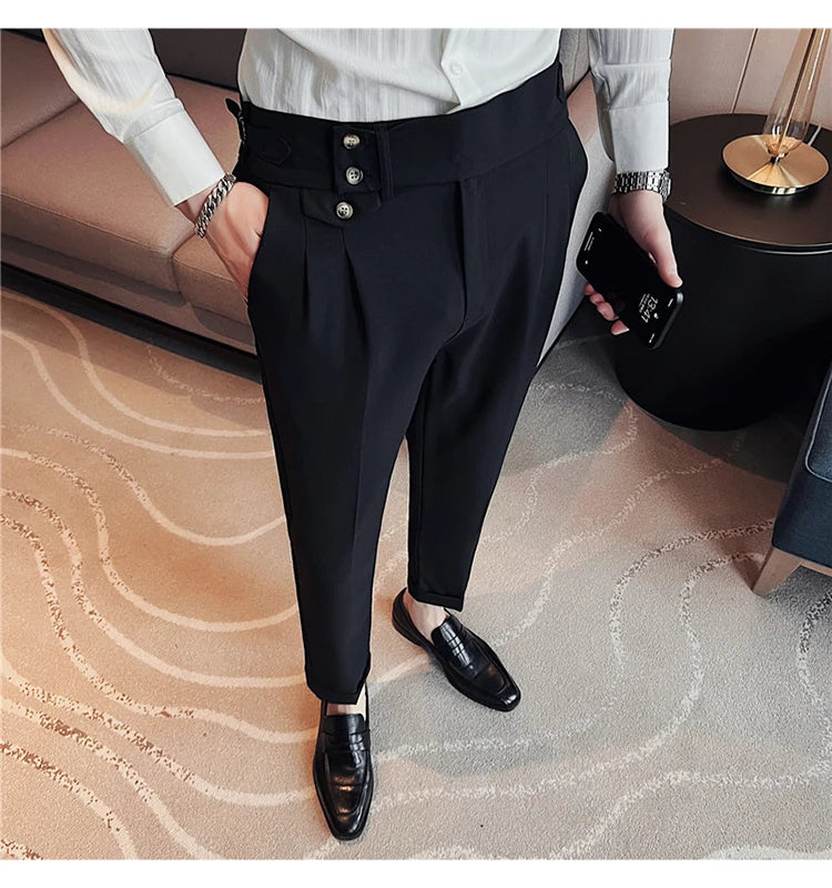 British Style Spring New Solid Business Casual Suit Pants High Waist Button Men Pants High Quality  Office