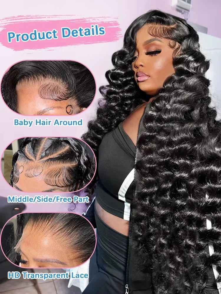 40 42 Inch HD Loose Deep Wave 13x6 Lace Front Human Hair Wigs Brazilian Curly Water Wavy 13x4  250%