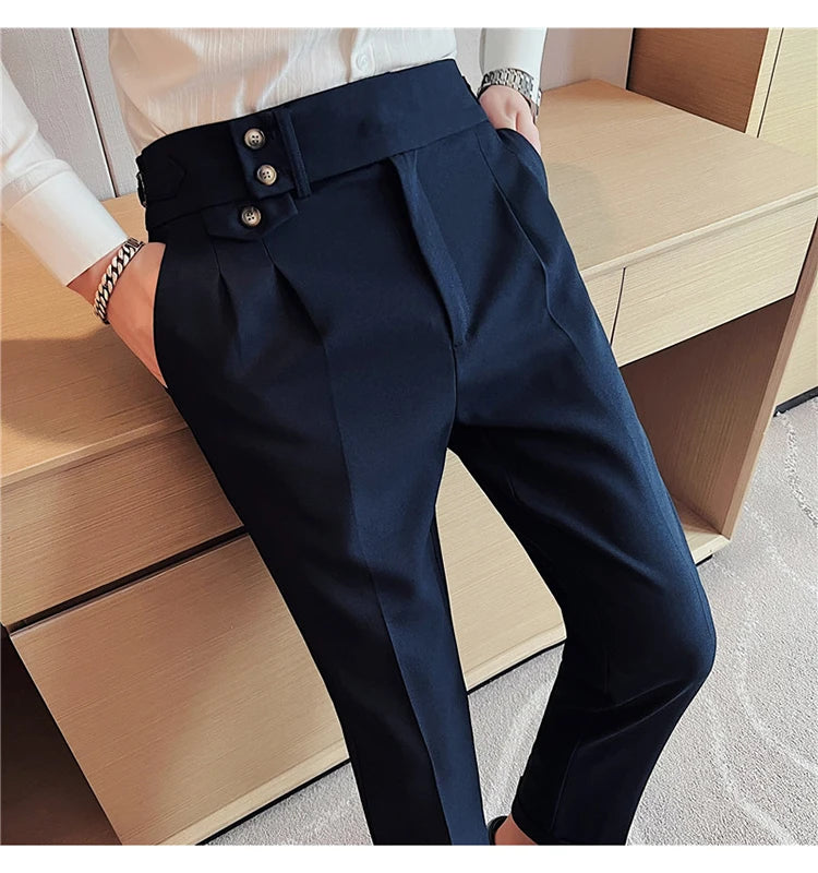 British Style Spring New Solid Business Casual Suit Pants High Waist Button Men Pants High Quality  Office