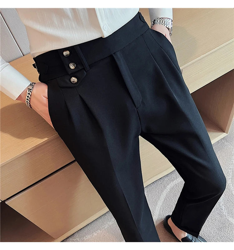 British Style Spring New Solid Business Casual Suit Pants High Waist Button Men Pants High Quality  Office