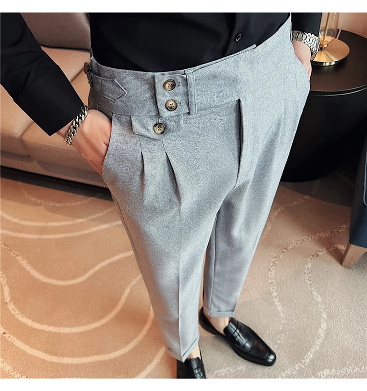 British Style Spring New Solid Business Casual Suit Pants High Waist Button Men Pants High Quality  Office