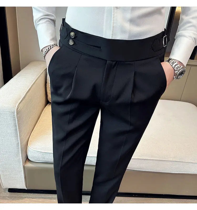 British Style Neapolitan High Quality Men's Slim Fit Business Office Solid Color Social Wedding Suit Pants
