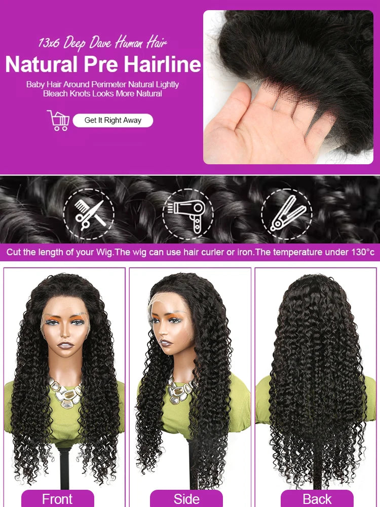 Transparent 250% Density Water Culry 360 Full Lace Frontal Wig Human Hair 40Inch Deep Wave 13x4 13x6 Hd Lace