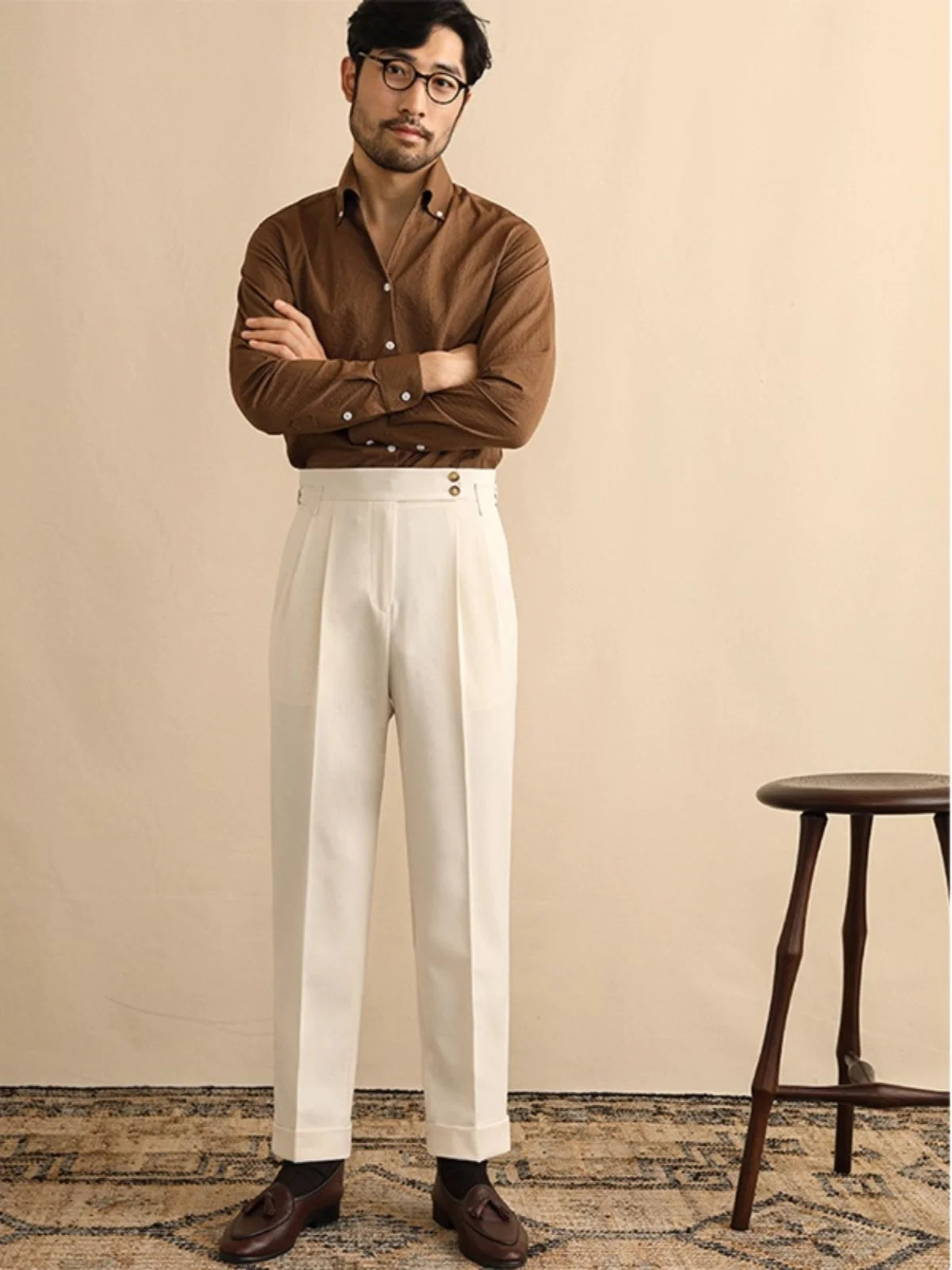 High Waist Straight Leg Men's Casual Pants Business  Paris Buckle Long Trousers Naples Gentleman  West Pants