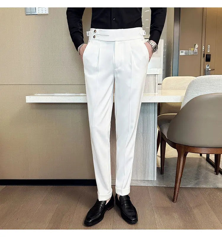 British Style Neapolitan High Quality Men's Slim Fit Business Office Solid Color Social Wedding Suit Pants