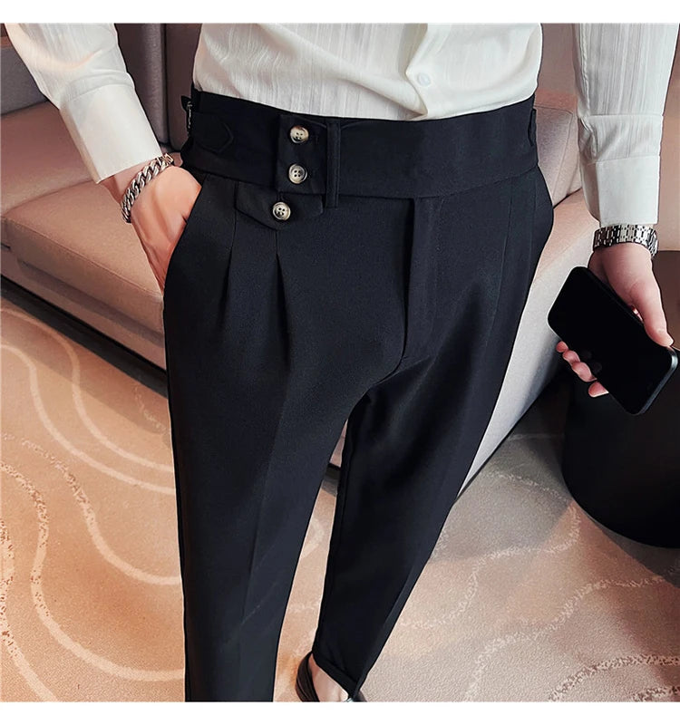 British Style Spring New Solid Business Casual Suit Pants High Waist Button Men Pants High Quality  Office