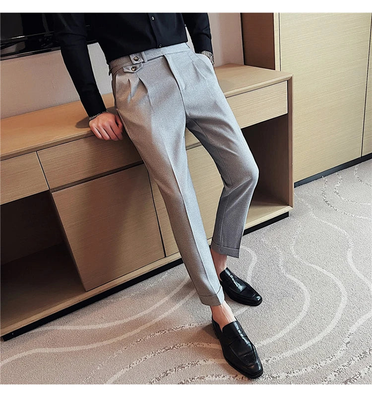 British Style Spring New Solid Business Casual Suit Pants High Waist Button Men Pants High Quality  Office