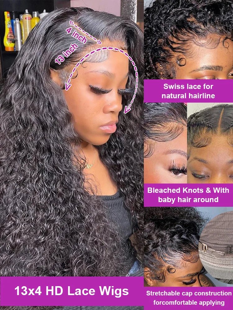Transparent 250% Density Water Culry 360 Full Lace Frontal Wig Human Hair 40Inch Deep Wave 13x4 13x6 Hd Lace