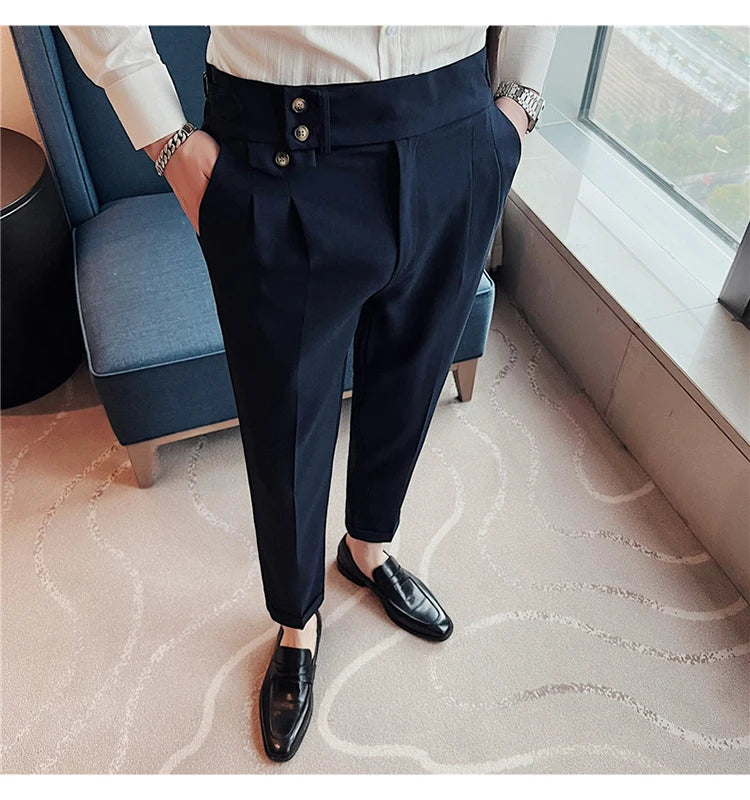 British Style Spring New Solid Business Casual Suit Pants High Waist Button Men Pants High Quality  Office
