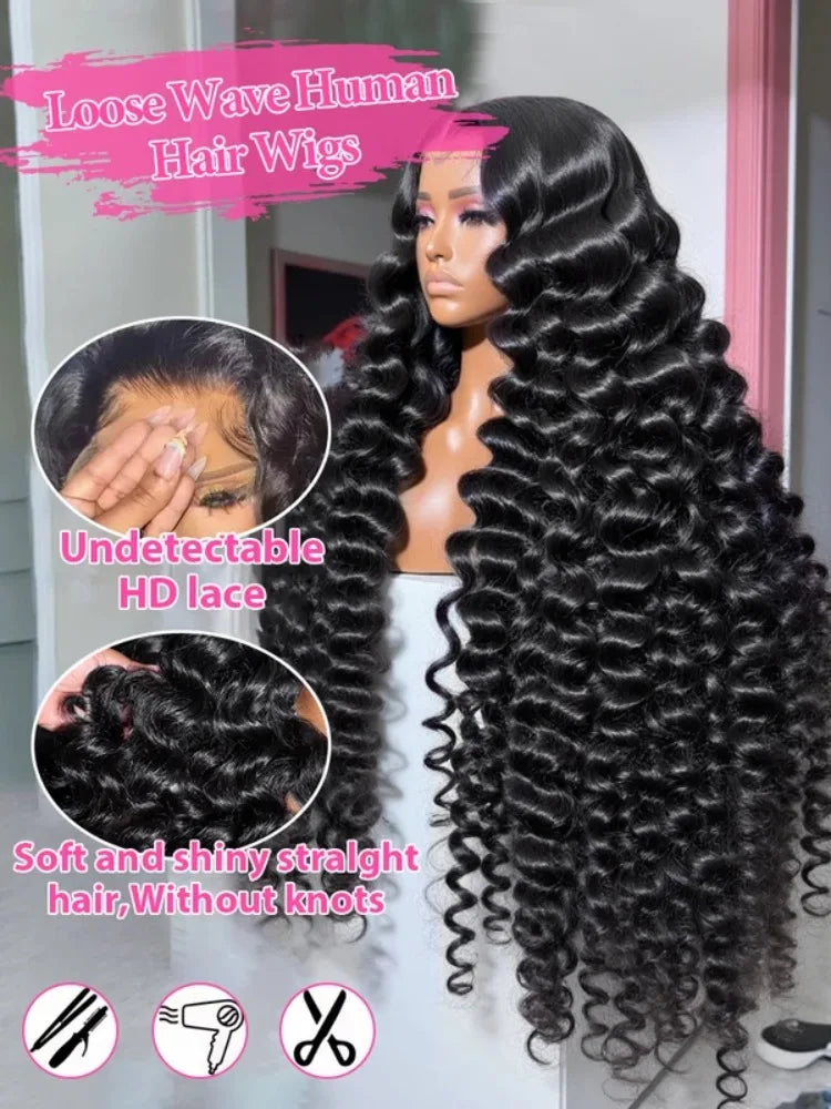 40 42 Inch HD Loose Deep Wave 13x6 Lace Front Human Hair Wigs Brazilian Curly Water Wavy 13x4  250%