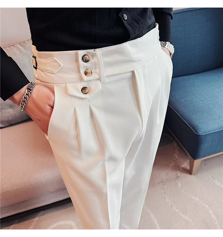 British Style Spring New Solid Business Casual Suit Pants High Waist Button Men Pants High Quality  Office