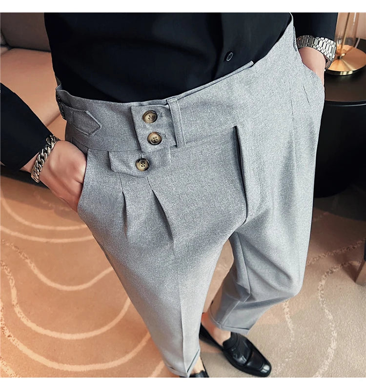 British Style Spring New Solid Business Casual Suit Pants High Waist Button Men Pants High Quality  Office