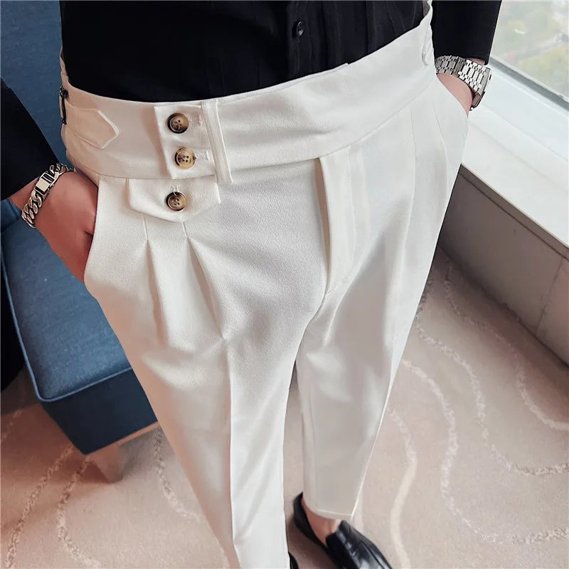 British Style Spring New Solid Business Casual Suit Pants High Waist Button Men Pants High Quality  Office