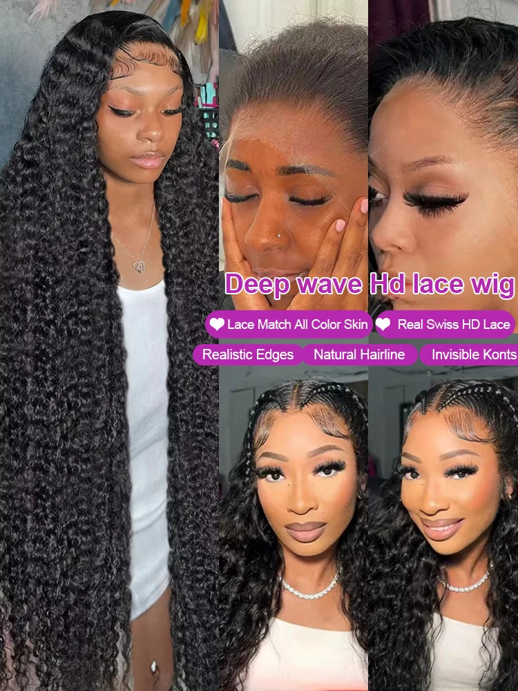 Transparent 250% Density Water Culry 360 Full Lace Frontal Wig Human Hair 40Inch Deep Wave 13x4 13x6 Hd Lace