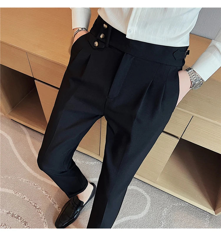 British Style Spring New Solid Business Casual Suit Pants High Waist Button Men Pants High Quality  Office