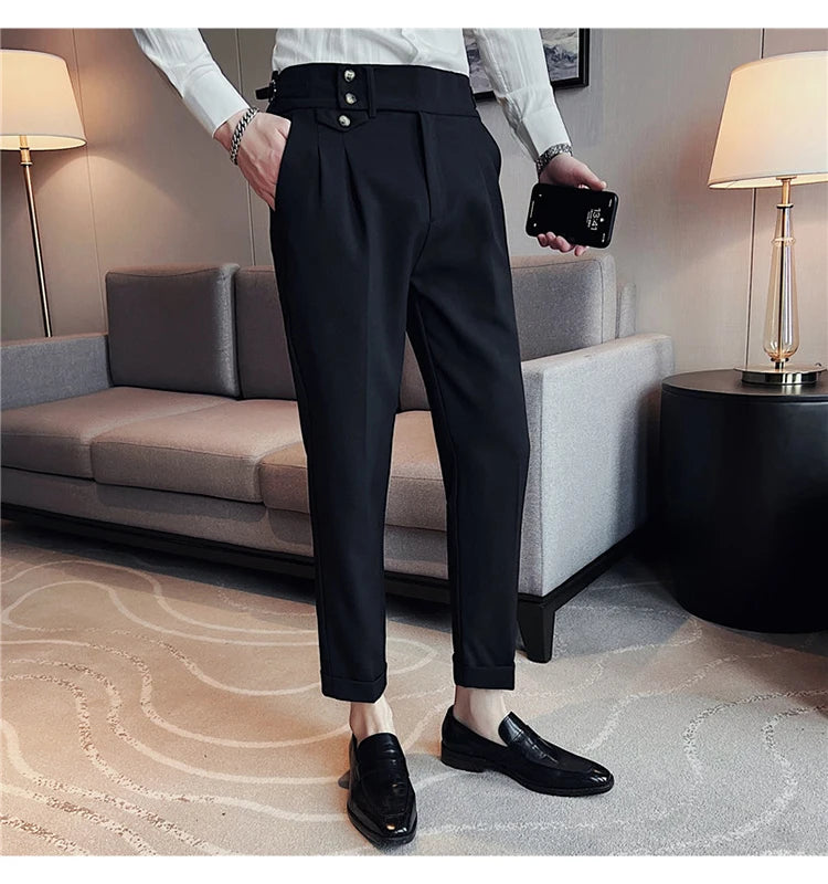 British Style Spring New Solid Business Casual Suit Pants High Waist Button Men Pants High Quality  Office