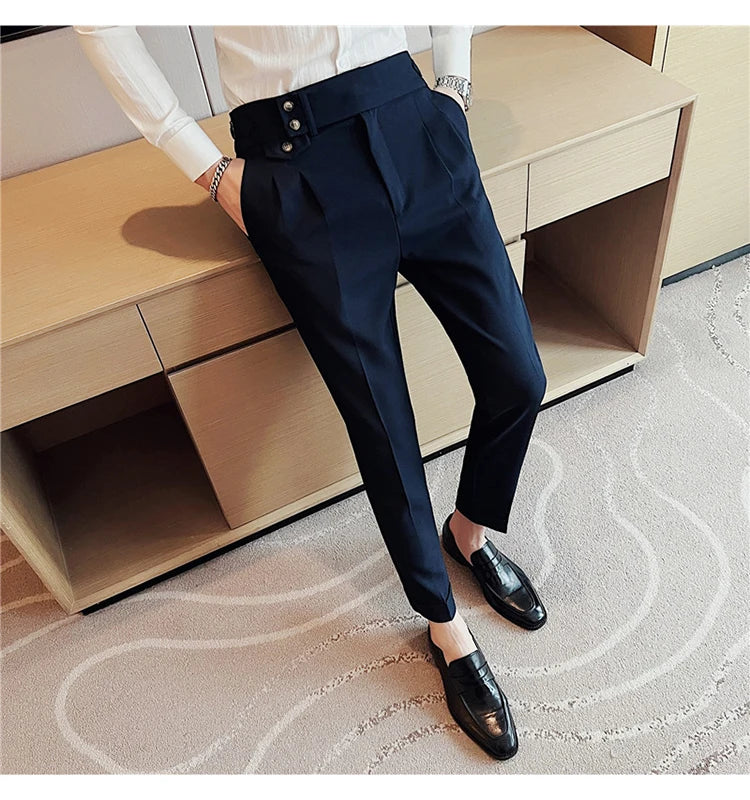 British Style Spring New Solid Business Casual Suit Pants High Waist Button Men Pants High Quality  Office