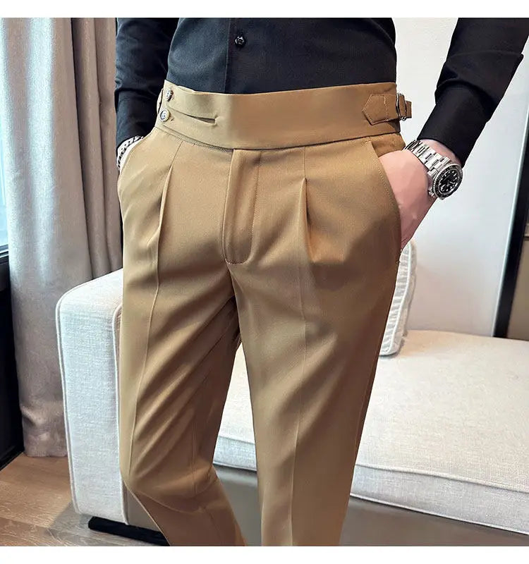 British Style Neapolitan High Quality Men's Slim Fit Business Office Solid Color Social Wedding Suit Pants