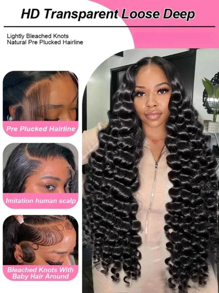40 42 Inch HD Loose Deep Wave 13x6 Lace Front Human Hair Wigs Brazilian Curly Water Wavy 13x4  250%