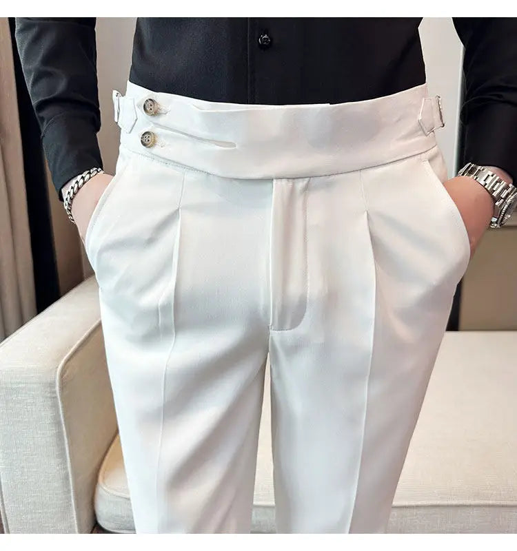 British Style Neapolitan High Quality Men's Slim Fit Business Office Solid Color Social Wedding Suit Pants