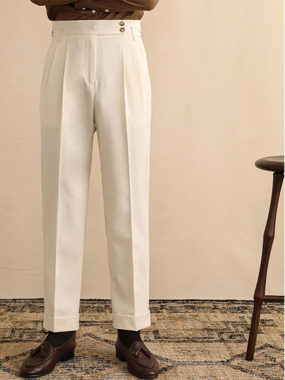 High Waist Straight Leg Men's Casual Pants Business  Paris Buckle Long Trousers Naples Gentleman  West Pants