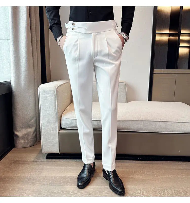 British Style Neapolitan High Quality Men's Slim Fit Business Office Solid Color Social Wedding Suit Pants