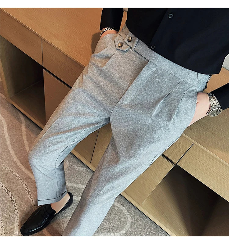 British Style Spring New Solid Business Casual Suit Pants High Waist Button Men Pants High Quality  Office