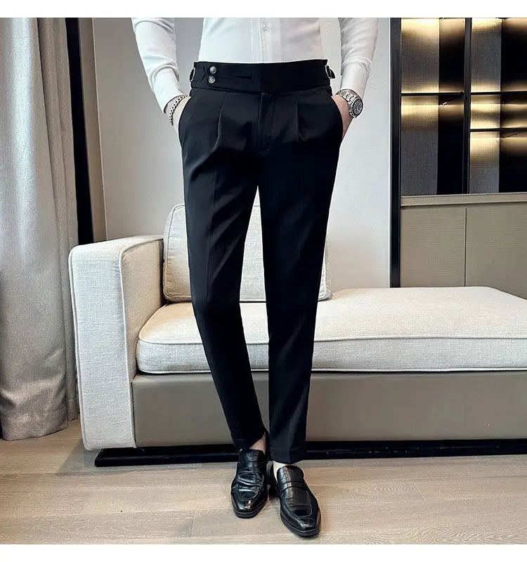British Style Neapolitan High Quality Men's Slim Fit Business Office Solid Color Social Wedding Suit Pants