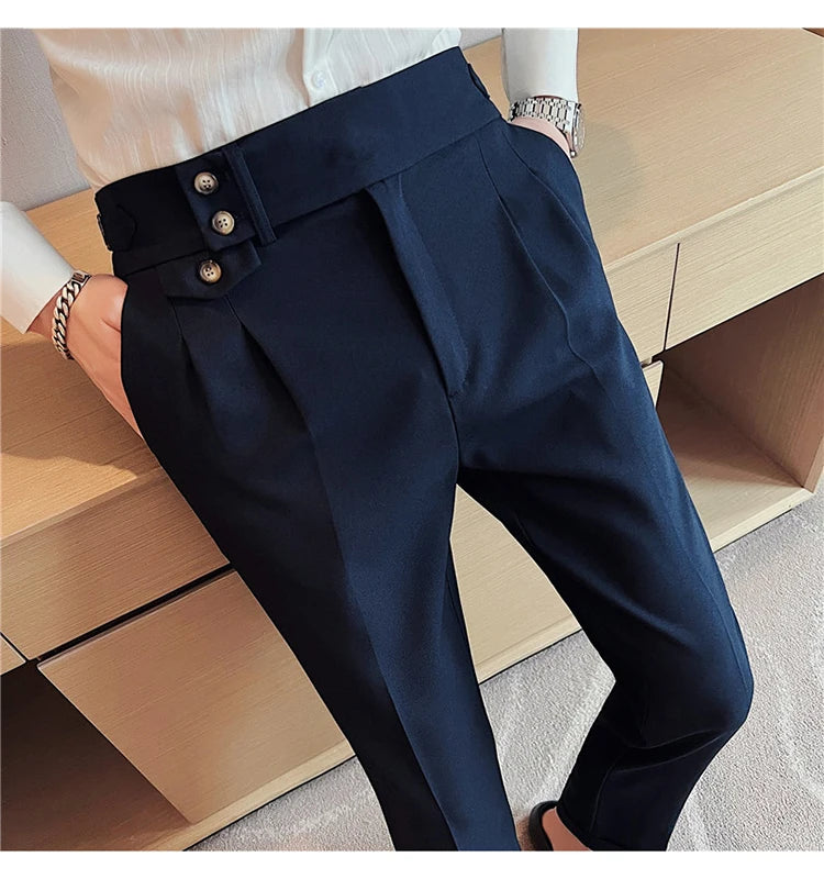 British Style Spring New Solid Business Casual Suit Pants High Waist Button Men Pants High Quality  Office