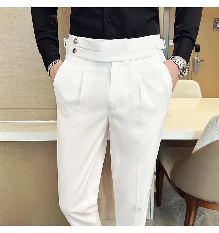 British Style Neapolitan High Quality Men's Slim Fit Business Office Solid Color Social Wedding Suit Pants