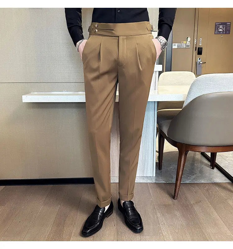 British Style Neapolitan High Quality Men's Slim Fit Business Office Solid Color Social Wedding Suit Pants