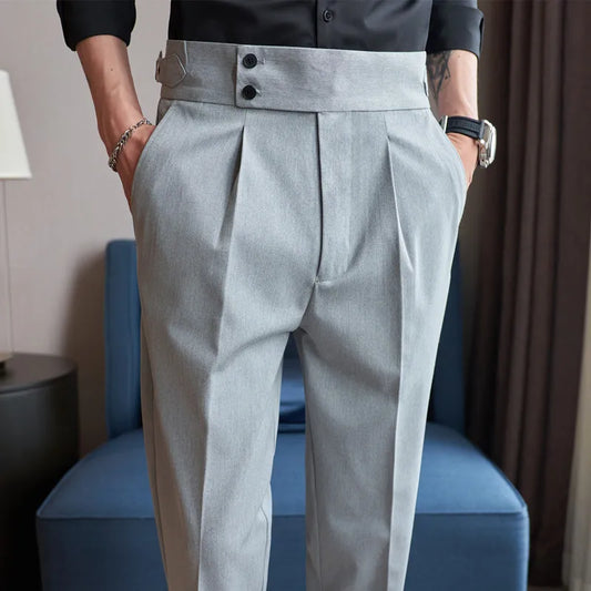 Men Pants Classic Office Trousers Slim Fit High Waist Vintage Pockets for Formal Business Style Elegant Pants