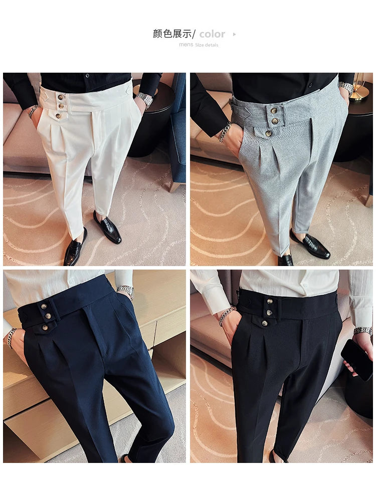 British Style Spring New Solid Business Casual Suit Pants High Waist Button Men Pants High Quality  Office