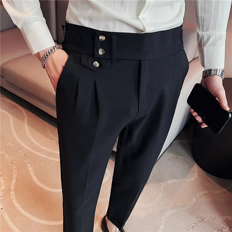 British Style Spring New Solid Business Casual Suit Pants High Waist Button Men Pants High Quality  Office
