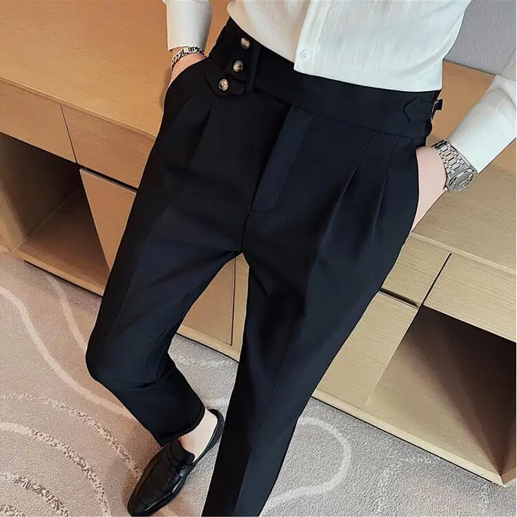 British Style Spring New Solid Business Casual Suit Pants High Waist Button Men Pants High Quality  Office