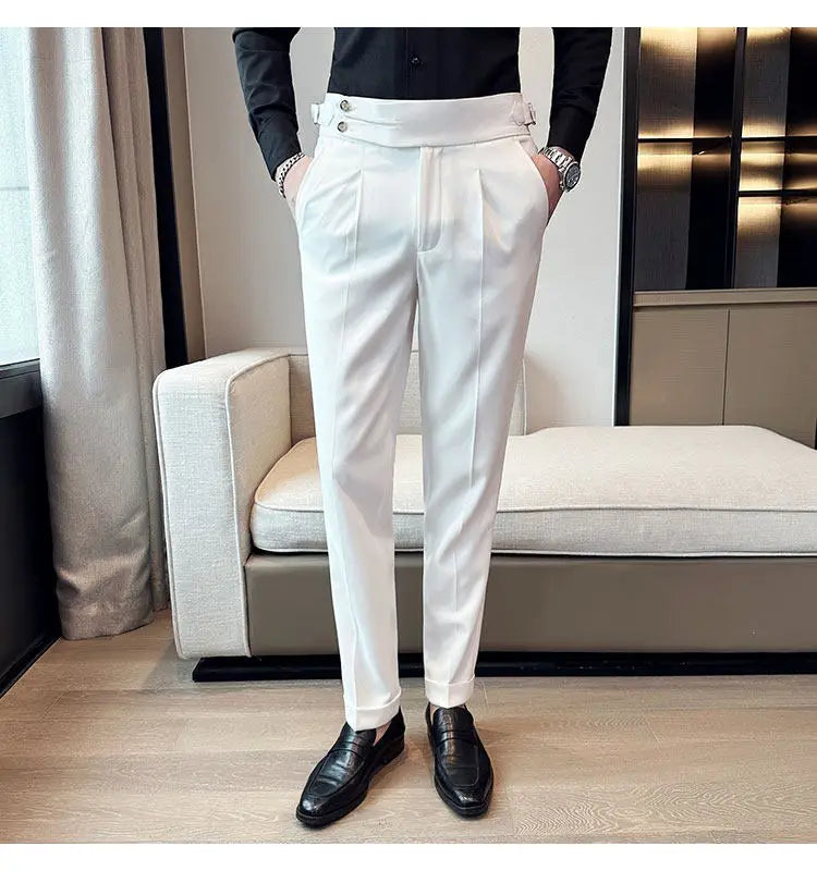 British Style Neapolitan High Quality Men's Slim Fit Business Office Solid Color Social Wedding Suit Pants