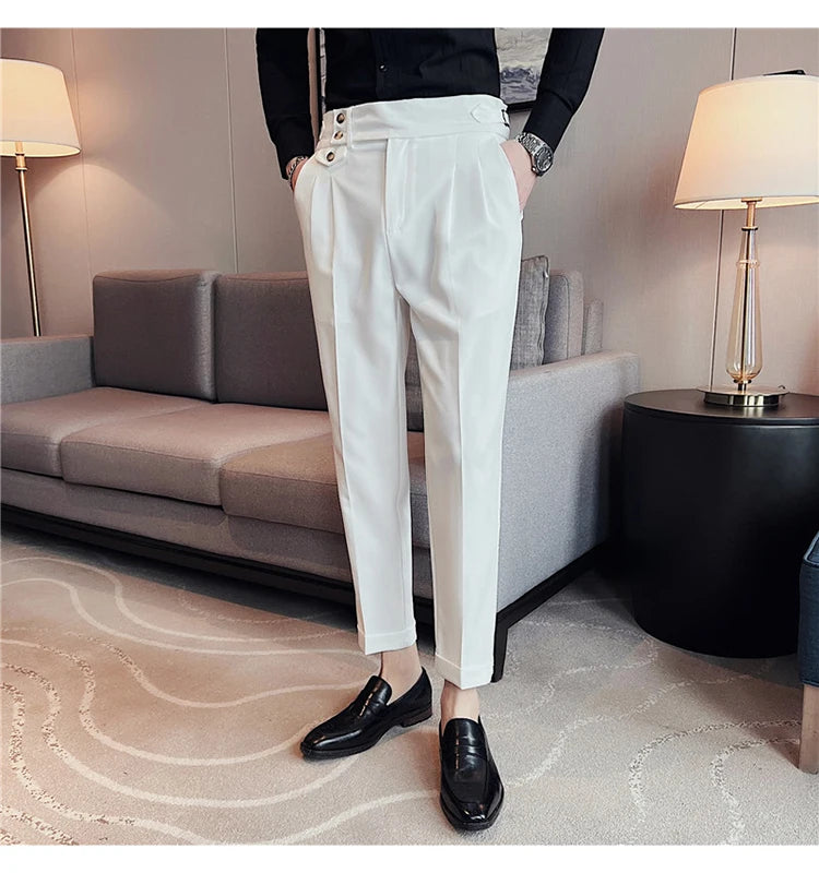 British Style Spring New Solid Business Casual Suit Pants High Waist Button Men Pants High Quality  Office