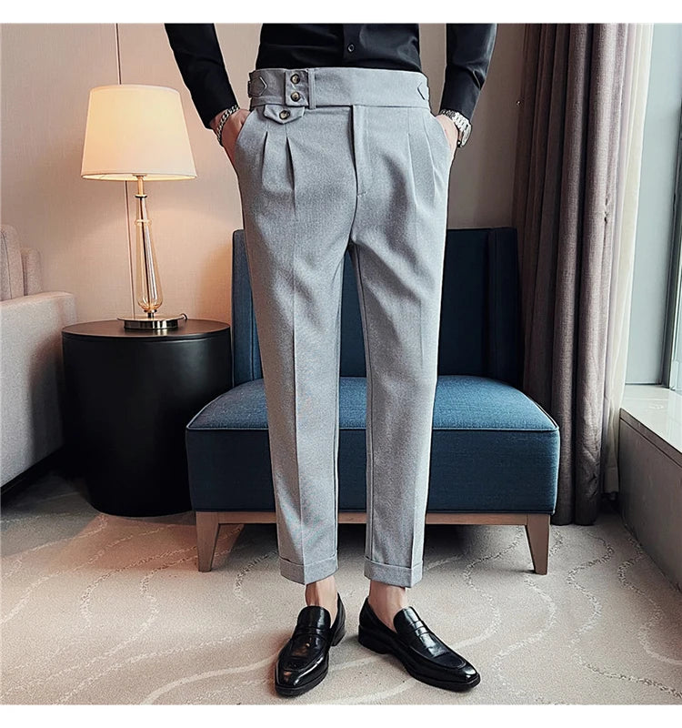 British Style Spring New Solid Business Casual Suit Pants High Waist Button Men Pants High Quality  Office