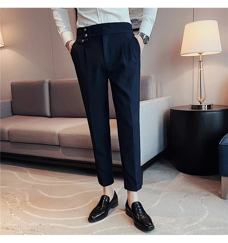British Style Spring New Solid Business Casual Suit Pants High Waist Button Men Pants High Quality  Office