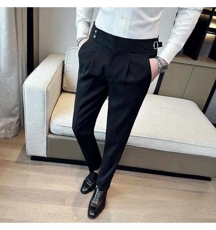 British Style Neapolitan High Quality Men's Slim Fit Business Office Solid Color Social Wedding Suit Pants