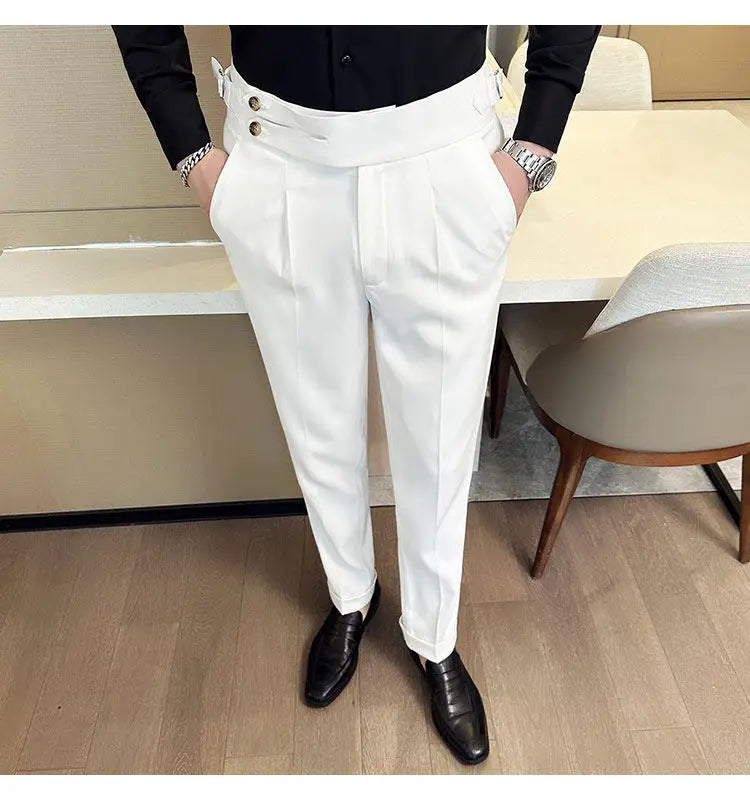 British Style Neapolitan High Quality Men's Slim Fit Business Office Solid Color Social Wedding Suit Pants