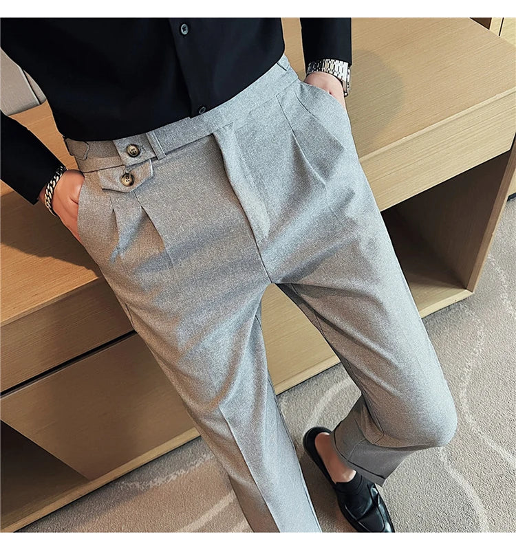 British Style Spring New Solid Business Casual Suit Pants High Waist Button Men Pants High Quality  Office