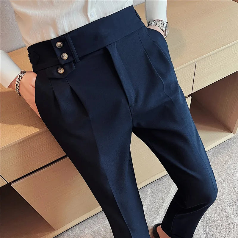 British Style Spring New Solid Business Casual Suit Pants High Waist Button Men Pants High Quality  Office